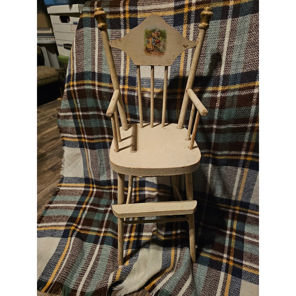 Vintage Wooden Doll High Chair Spindle Back Distressed White Primitive Decor 24"